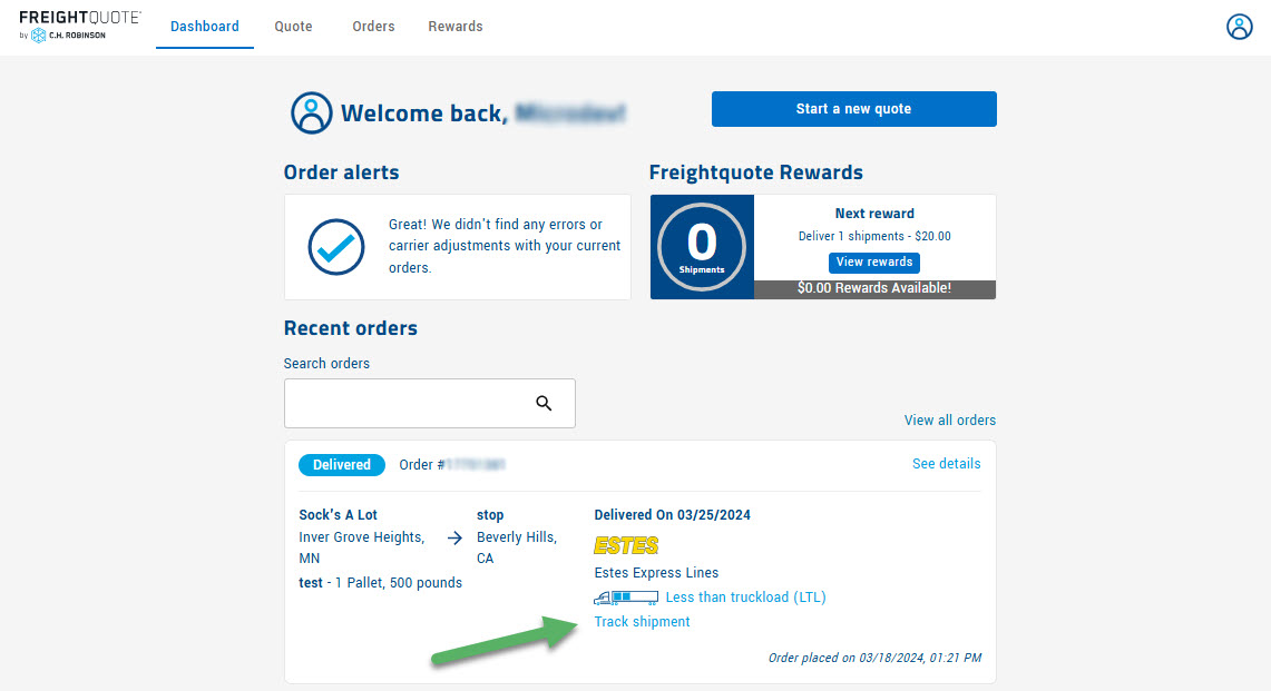 How to track a shipment from Freightquote Dashboard