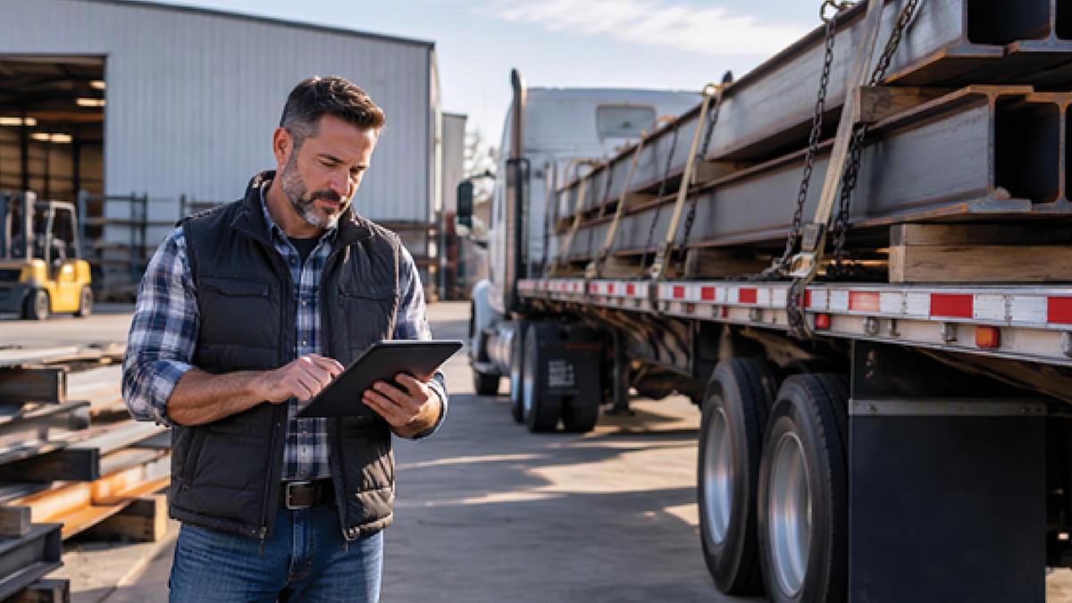 Flatbed truck with worker looking at a tablet.